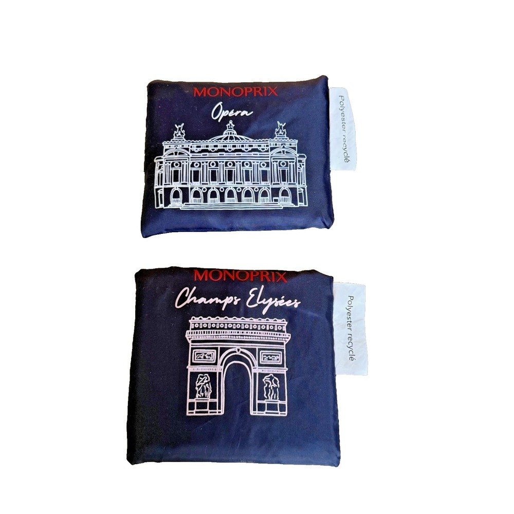 Monoprix Paris Reusable Tote Bags Set of 2: Champs‎ Elysees, Opera; Blue; NEW
